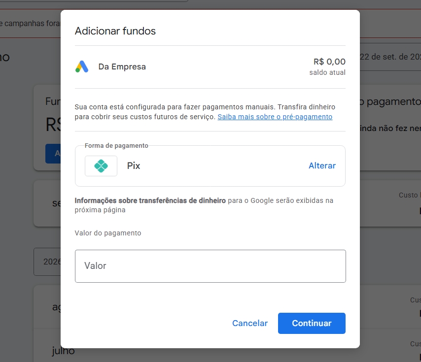 A janela onde se digita o valor da recarga e as opções de Pix/Cartão/Boleto selecionadas.